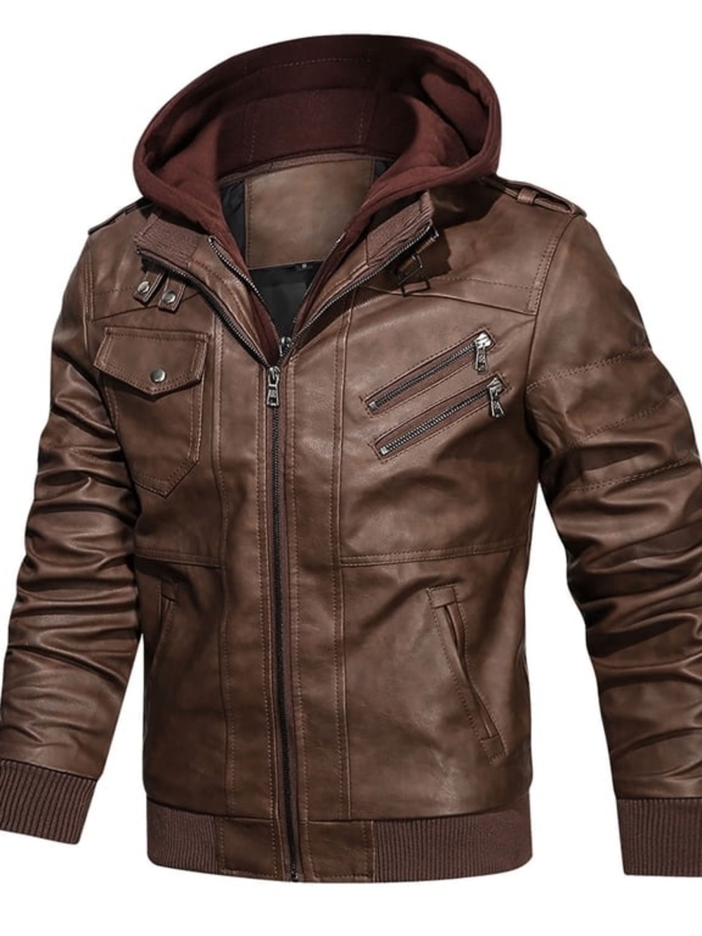 NWOT Men’s Leather Bomber Motorcycle Jacket With Removable Hood - Brown - Large